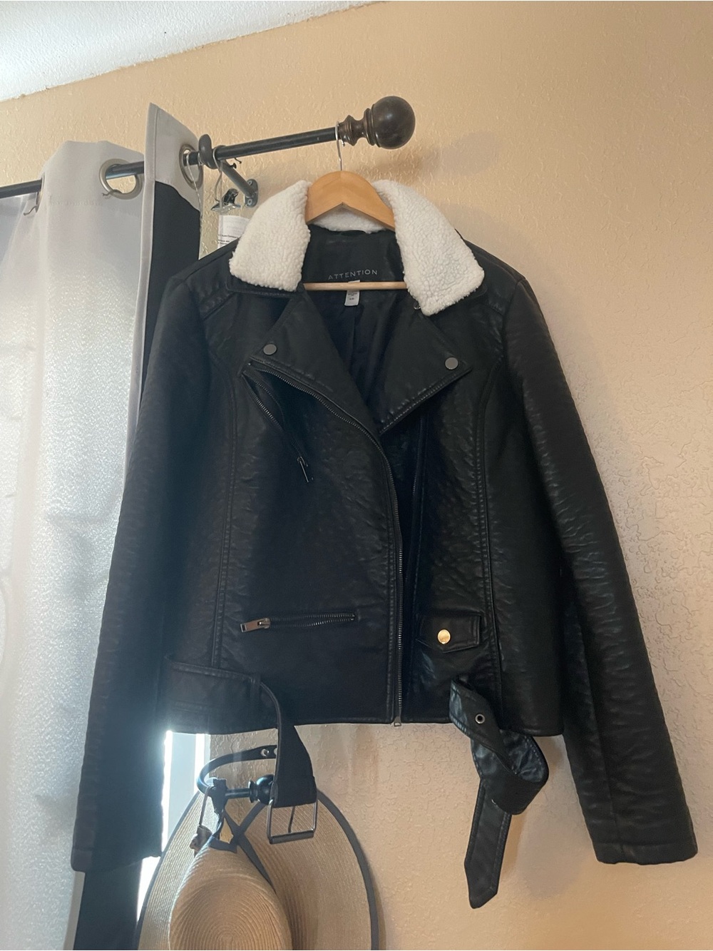 NWOT Attention Black Faux Leather Moto Jacket with White Sherpa Collar